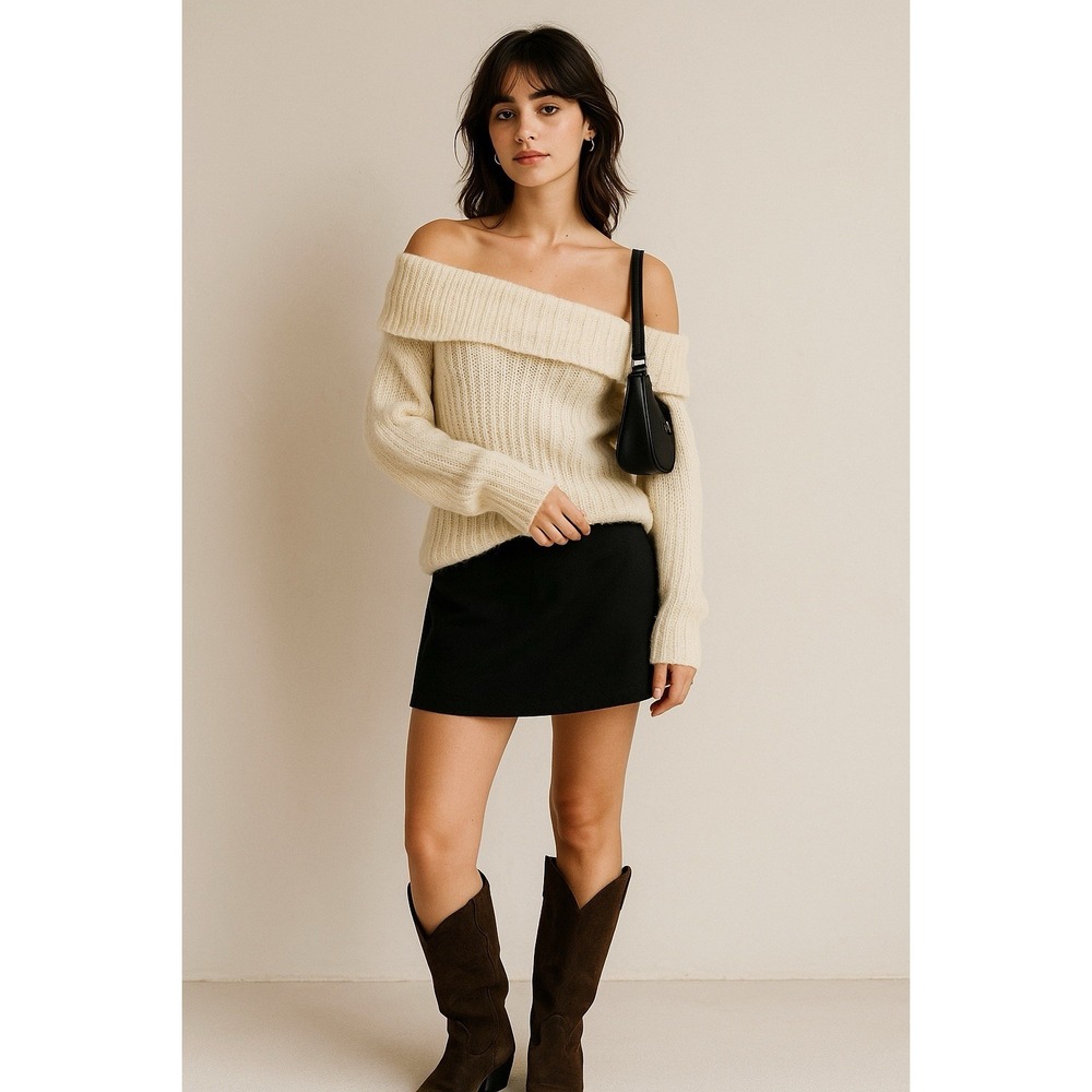 Spiegel Sweater Womens M Ivory Mohair Blend Cowl Neck Off Shoulder Cozy Chic